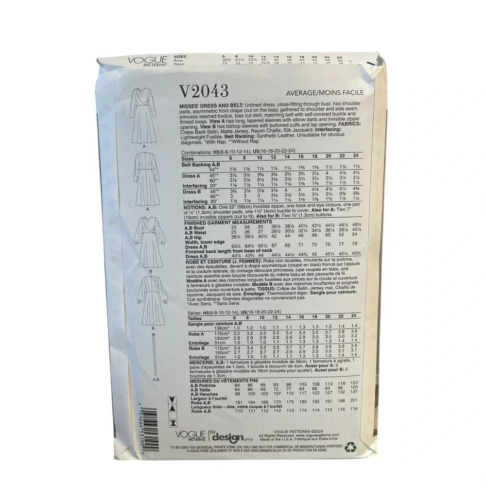 Vogue Patterns V2043 Misses' Dress & Belt Sizes 16-24 Vintage